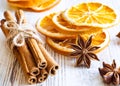 Traditional Christmas spices on old wooden background