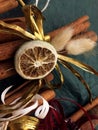 Warm cinnamon sticks wrapped in ribbon for Christmas Royalty Free Stock Photo