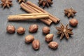 Traditional Christmas spices - Star anise, cinnamon sticks and nuts Royalty Free Stock Photo