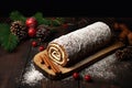 Traditional Christmas sponge roll, Buche de Noel. On a dark background.