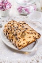 Traditional Christmas stollen with icing sugar. Christmas Cake. German Christmas bread Royalty Free Stock Photo