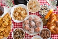 Traditional Christmas table in Ukraine. Twelve dishes: kutya, stewed fruit, dumplings with potatoes and cabbage, pickled Royalty Free Stock Photo