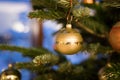 Traditional Christmas tree with Christmas decoration, close up of Christmas bauble. Postcard