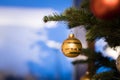 Traditional Christmas tree with Christmas decoration, close up of Christmas bauble. Postcard