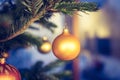 Traditional Christmas tree with Christmas decoration, close up of Christmas bauble. Postcard