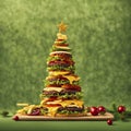 traditional christmas tree on green background made out of beef hamburgers sited on a wooden platter