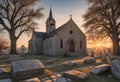 Traditional Church Surrounded by Trees and Gravestones, Showcasing Serene Atmosphere, Generative AI