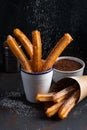 Traditional churros sticks with cinnamon sprinkling with sugar