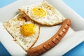 Traditional Clasic Breakfast Fried Eggs and Sausage on a white Square Porcelain Plate. Isoalted on Blue Background.