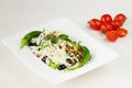 Traditional classic Shopska salad with tomatoes, peppers, cucumbers and cheese in white dish on white wooden table. Bulgarian cuis Royalty Free Stock Photo