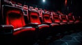 Traditional classically regal ornate rounded wood armed formal plush deep red velvet opera movie theater chairs in Royalty Free Stock Photo