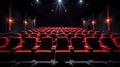 Traditional classically regal ornate rounded wood armed formal plush deep red velvet opera movie theater chairs in