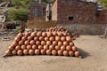 Traditional clay pots near house in Amber village. India Royalty Free Stock Photo