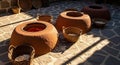 Traditional Clay Pots and Woven Baskets Displayed Outdoors on Stone Pavement Under Natural Light Royalty Free Stock Photo