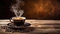 Traditional coffee cup with heart-shaped steam sits on rustic wood, evoking warmth and comfort. Ai Generated Royalty Free Stock Photo