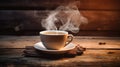 Traditional coffee cup with heart-shaped steam sits on rustic wood, evoking warmth and comfort. Ai Generated Royalty Free Stock Photo