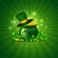 Traditional coin pot with leprechaun hat and shamrock leaves illustration on green rays background.