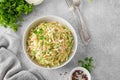 Traditional cole slaw salad in a bowl on a gray concrete background. Salad with cabbage, carrot and mayonnaise sauce.