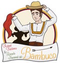 Traditional Colombian Couple Dancing Bambuco with Greeting Label, Vector Illustration