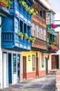 Traditional colonial architecture of Canary islands . capital of La palma - Santa Cruz with colorful balconies Royalty Free Stock Photo