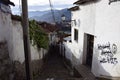 Traditional colonial style street. Stone staircase on the street of the old city of Cusco