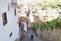 Traditional colonial style street. Stone staircase on the street of the old city of Cusco