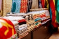 Traditional colorful Arabic scarves and shawls. Handmade fabrics. Market scarves the old Medina Royalty Free Stock Photo