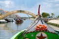 Traditional colorful boat Moliceiro on canal at Aveiro city, Por