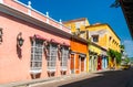 Traditional colorful colonial houses in the old town of Cartagena in Colombia