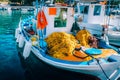 Traditional colorful fishing boat in the sea, Greece. Sunny summer day Royalty Free Stock Photo