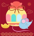 Colorful Fortune Bag, Hieroglyphs and Mouse Vector Royalty Free Stock Photo