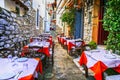 Traditional colorful Greece series,taverns in old streets skiathos island Royalty Free Stock Photo