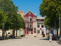 Traditional colorful Portuguese houses in Almada Square, Povoa de Varzim, Portugal