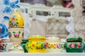 Traditional colorful pottery items, hand painted. Easter eggs for sale in local market of Budapest, Hungary Royalty Free Stock Photo