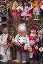 Traditional colorful puppets made of wood in shop, Prague , Czech Republic