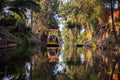 Traditional colorful trajinera surrounded by trees in Xochimilco lake