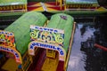 Traditional and colorful trajineras moored in Xochimilco lake