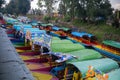 Traditional colorful trajineras in Xochimilco lake with trees as background