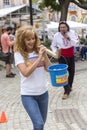 Traditional competition with yoke and 2 buckets in Plovdiv, Bulgaria