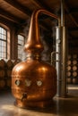Traditional copper still brewing in distillery with oak barrels Royalty Free Stock Photo