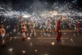 Traditional correfocs fire runs performance. Reus, Spain.