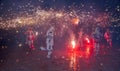 Traditional correfocs fire runs performance in Reus (Spain).