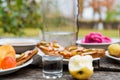 Traditional cossacks` meal with soused cabbage, lardo and poteen