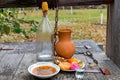 Traditional cossacks` meal with soused cabbage, lardo and poteen