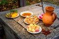 Traditional cossacks` meal with soused cabbage, lardo and poteen