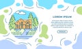 Traditional cottage banner template design. Round line art and color drawing illustration with house, trees, and plot around Royalty Free Stock Photo