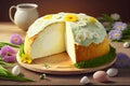 Traditional cottage cheese Easter paskha and eggs on white table. Russian paskha. Easter dessert. Easter table. Still life.