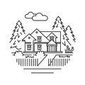 Traditional cottage icon design. Round line art illustration with house, trees, and plot around