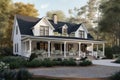 traditional cottage with wrap-around porch and rocking chairs