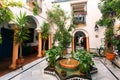 Traditional courtyard with columns, fountain, decor of Andalusia. Historical houses in Cordoba, Spain